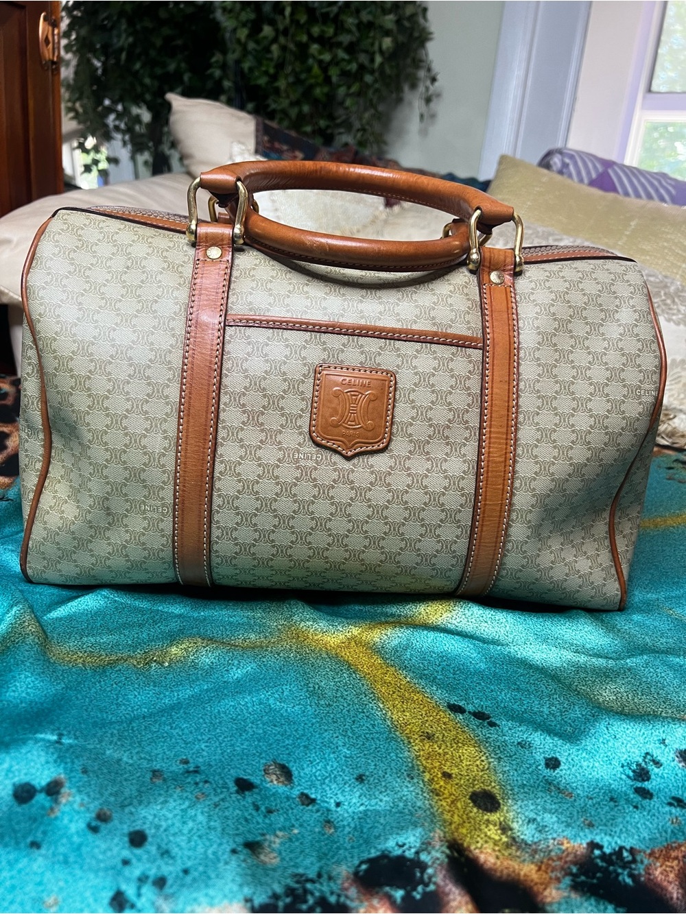 Vintage Celine Macadam Boston Bag Beige Tan Leather 14” Made in Italy M09